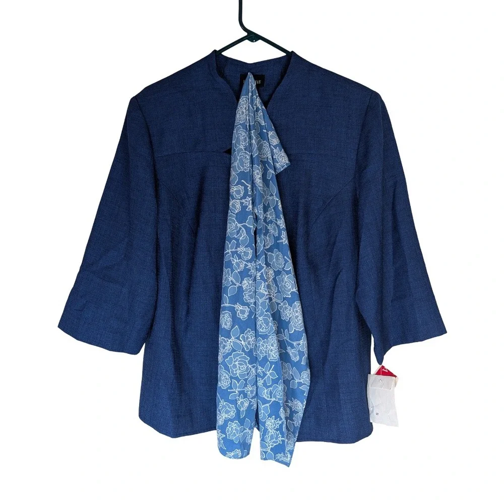 Leslie Fay Blazer Womens 20WP Blue 3/4 Sleeve Button Front Scarf Included NWT AC